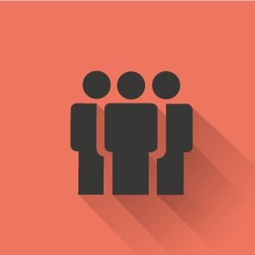 Piktogramm dreier Personen auf rotem Hintergrund. 