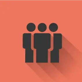 Piktogramm dreier Personen auf rotem Hintergrund. 